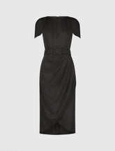 Black Crepe Boat Neck Midi Tulip Dress With Belt